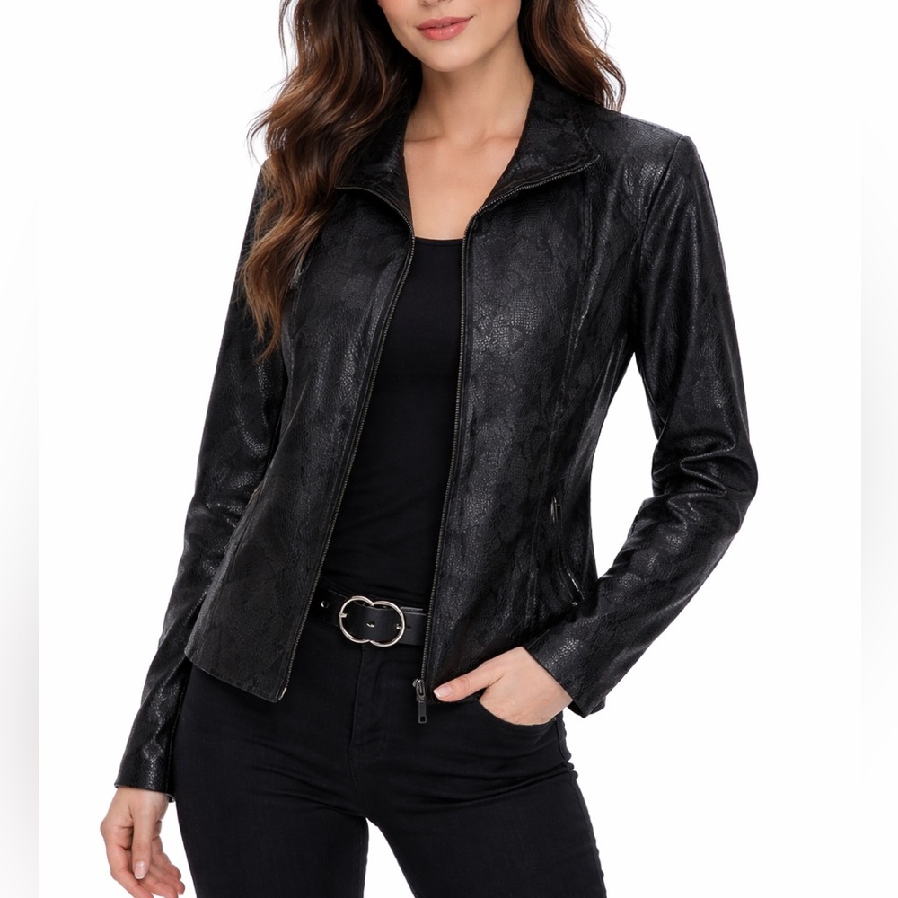 Snakeskin Print Leather Zip Jacket